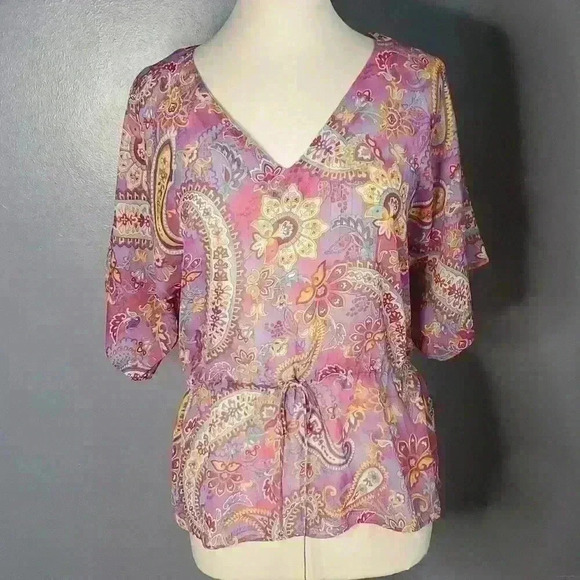 CHAPS Purple Paisley Semi-Sheer Boho Tunic Cover-up Cinch Waist sz M - Picture 1 of 10
